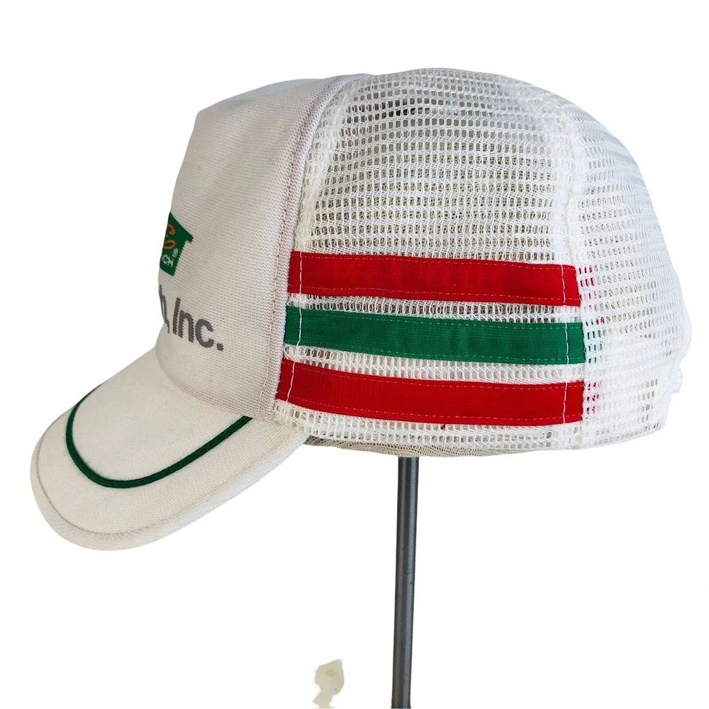 3 Stripe Trucker Hat Swift Eckrich Bars SnapBack Mesh Cap Made In USA White VTG